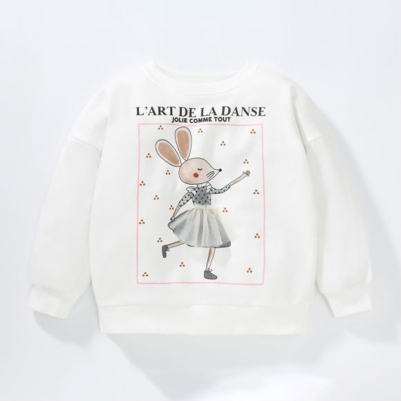 Baby girl wearing a white long sleeve cotton hoodie with a rabbit graphic, perfect for spring and autumn.