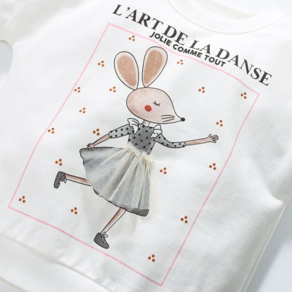 Baby girl wearing a white long sleeve cotton hoodie with a rabbit graphic, perfect for spring and autumn.