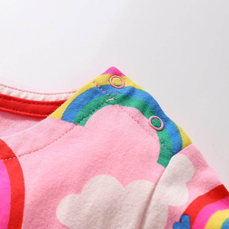 A vibrant pink Baby Girl Rainbow Graphic Short Sleeve Round Neck Dress featuring a colorful rainbow design, perfect for summer wear.