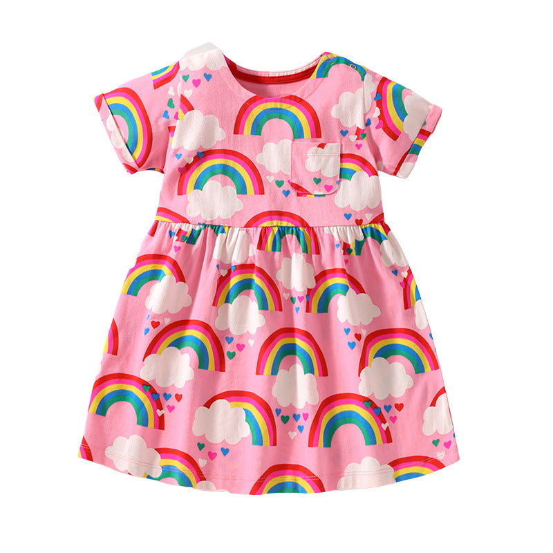 A vibrant pink Baby Girl Rainbow Graphic Short Sleeve Round Neck Dress featuring a colorful rainbow design, perfect for summer wear.