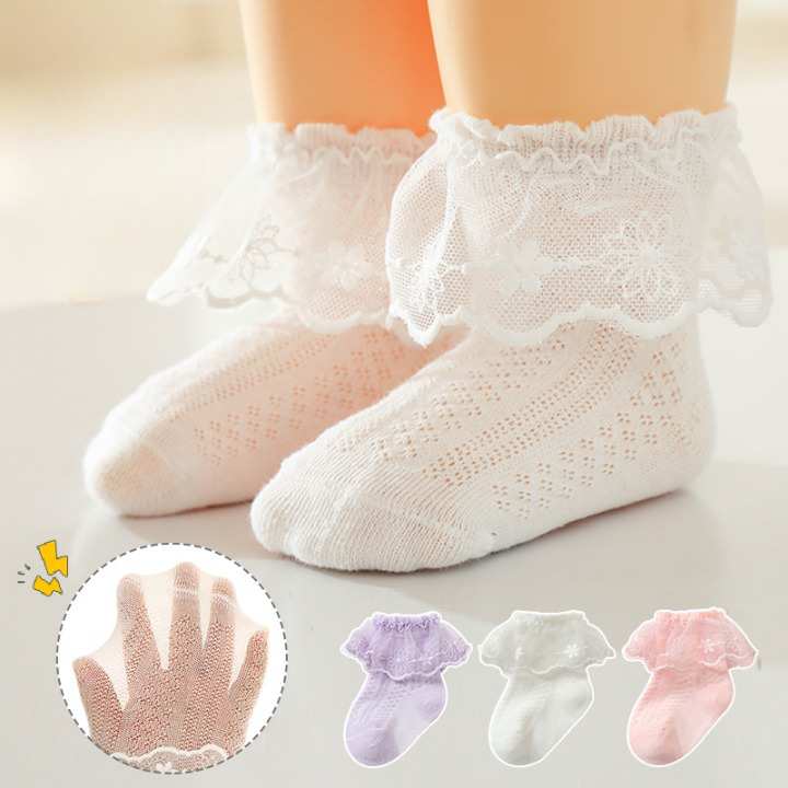 Baby Girl Solid Color Lace Mesh Design Princess Socks in white, pink, and purple, showcasing a delicate lace mesh pattern.