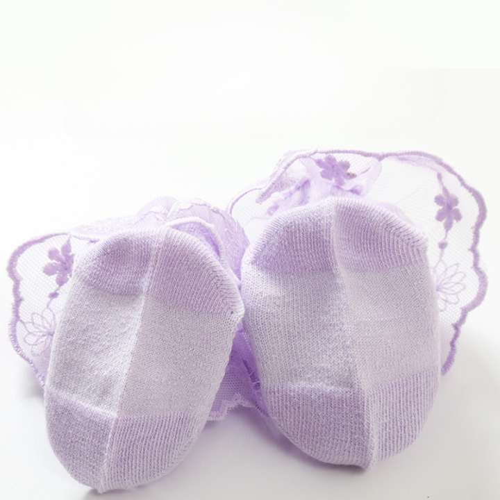 Baby Girl Solid Color Lace Mesh Design Princess Socks in white, pink, and purple, showcasing a delicate lace mesh pattern.