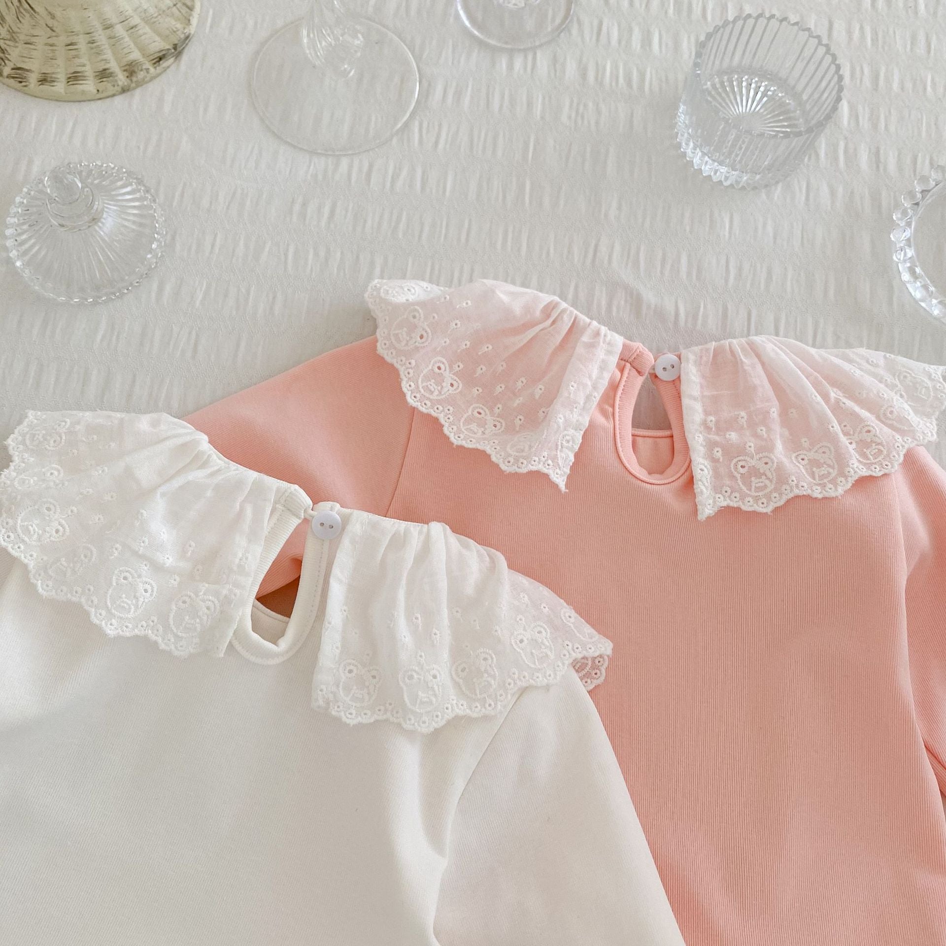 Baby Girl Solid Color Mesh Doll Neck Long Sleeve Top in white and pink, featuring a doll neckline and ruffled cuffs.