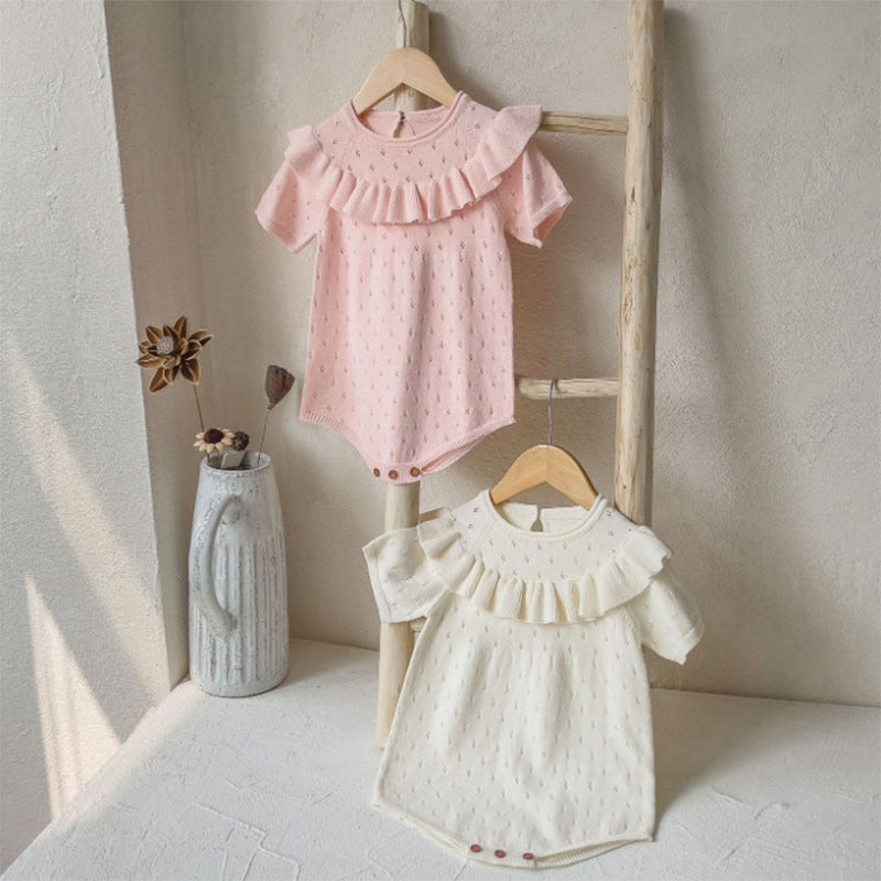 Baby girl solid color knitted onesies with ruffle design in white and pink, made from breathable cotton.