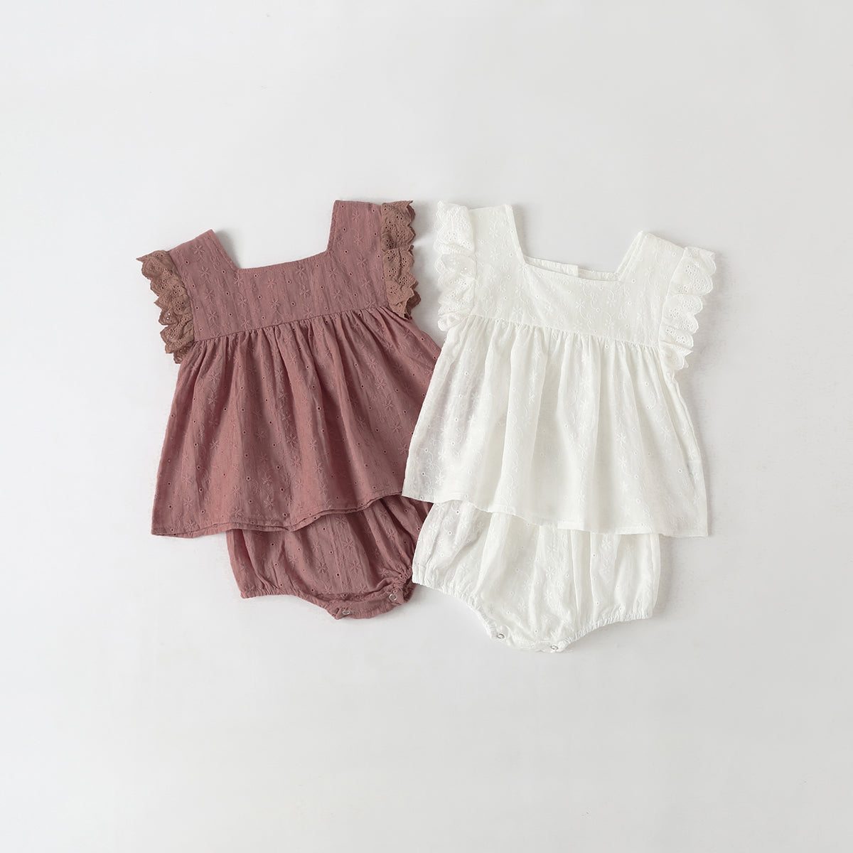 Baby girl wearing a solid color ruffle design square neck top in white, showcasing a stylish and comfortable summer outfit.