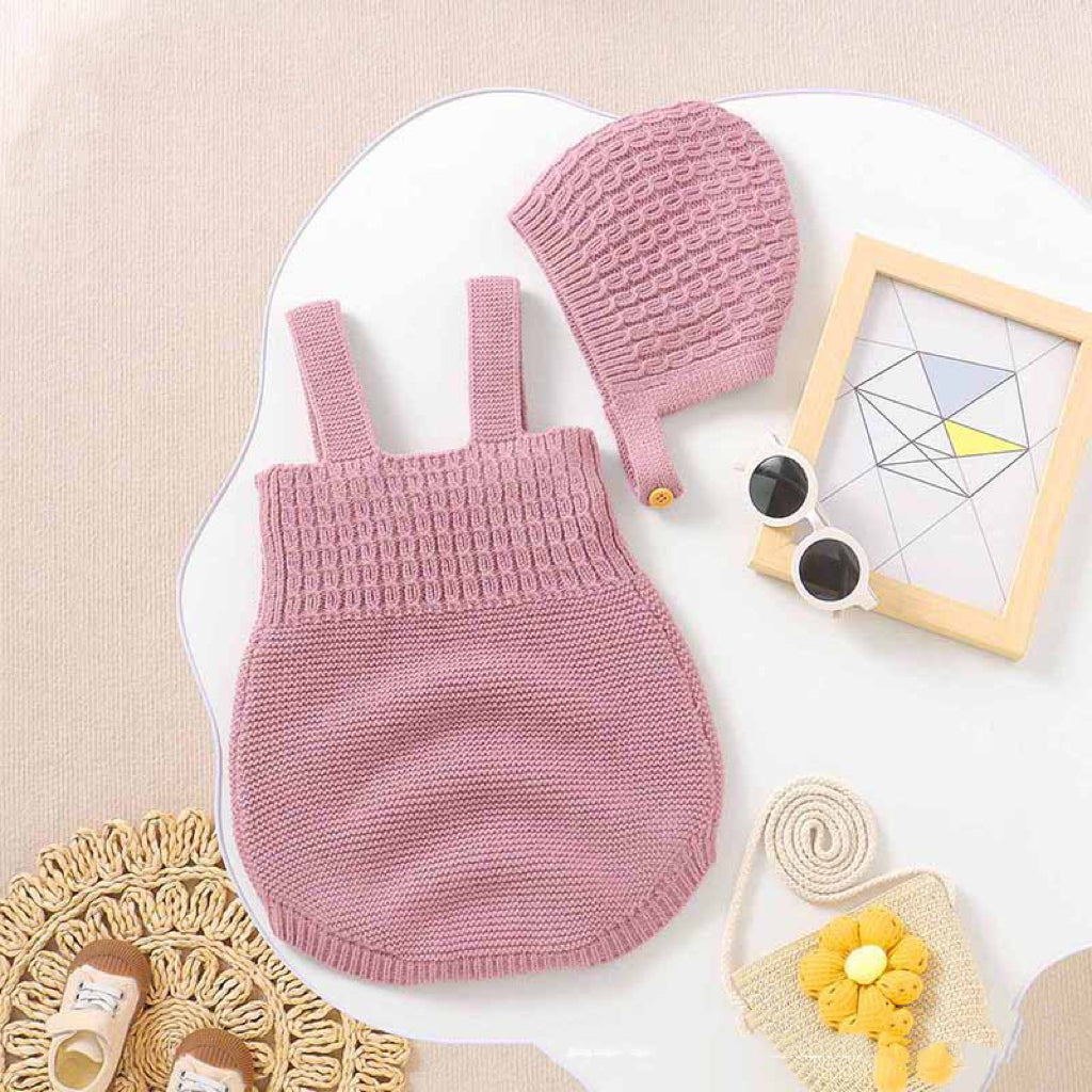 Baby girl solid color sling knitted onesies set with hat in white and pink, showcasing soft cotton fabric and trendy design.