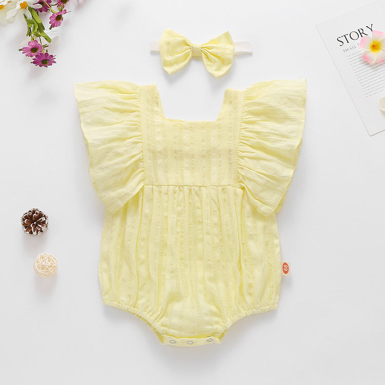 Baby girl solid color short-sleeved onesie with square collar and matching headband in pink, yellow, and beige options.