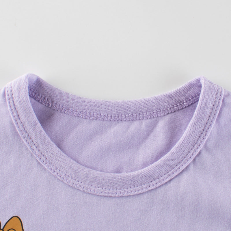 Solid purple crewneck cotton t-shirt for baby girls with floral print pattern, perfect for summer wear.