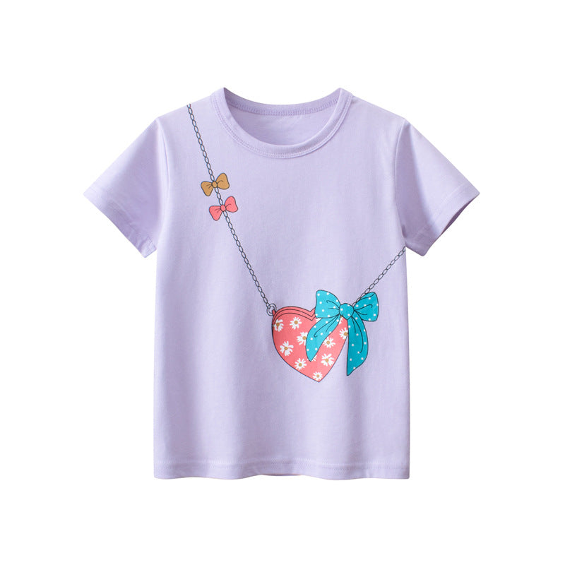 Solid purple crewneck cotton t-shirt for baby girls with floral print pattern, perfect for summer wear.