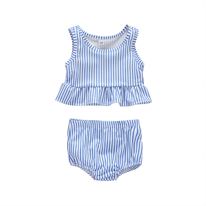 Baby girl striped graphic swimsuit with ruffle top and shorts, available in pink and blue.