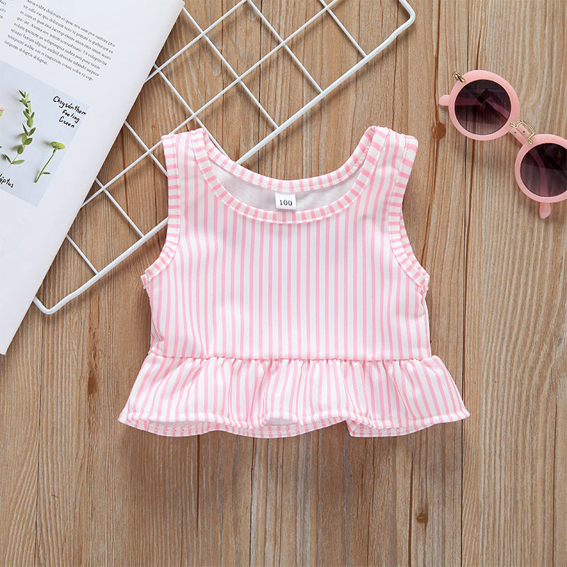 Baby girl striped graphic swimsuit with ruffle top and shorts, available in pink and blue.