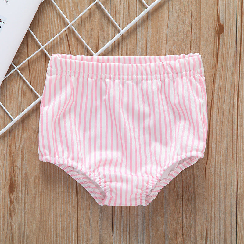 Baby girl striped graphic swimsuit with ruffle top and shorts, available in pink and blue.