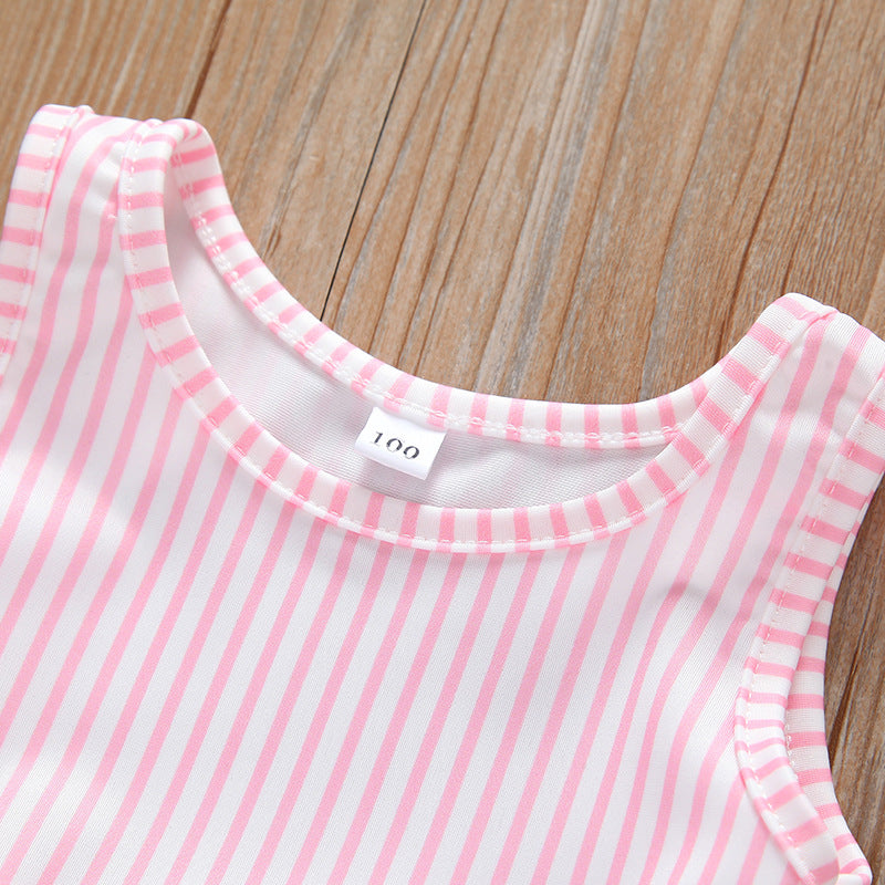 Baby girl striped graphic swimsuit with ruffle top and shorts, available in pink and blue.