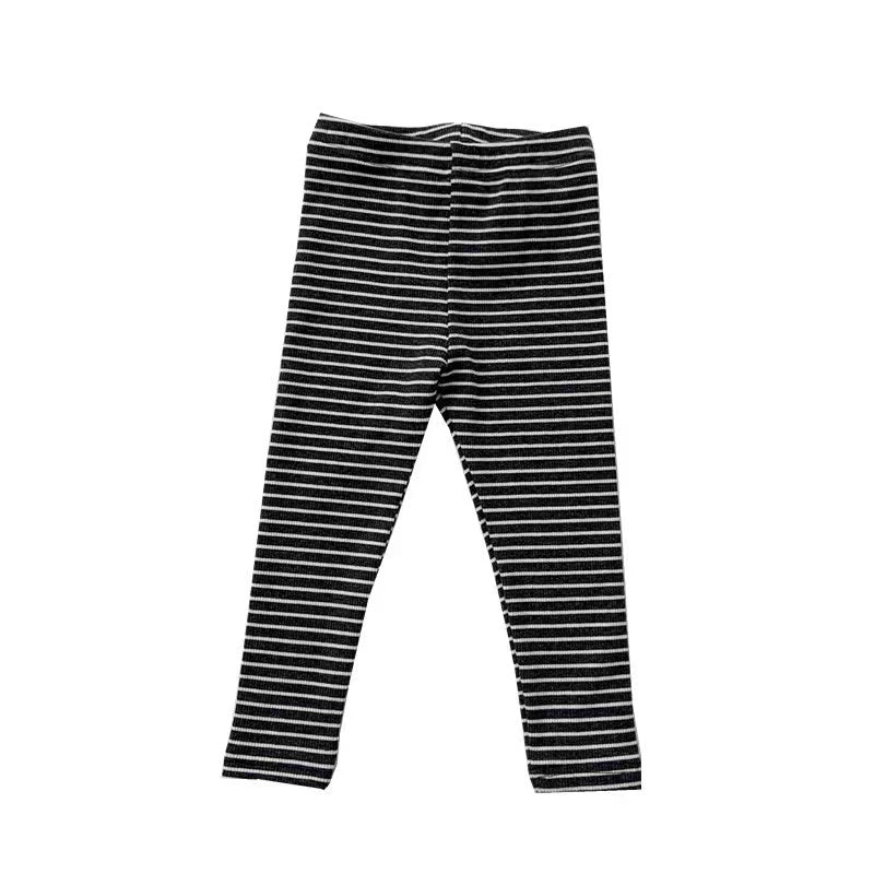 Baby Girl Striped Pattern Elastic Tight Knit Pants in white and black, featuring a soft knit fabric and elastic waistband.