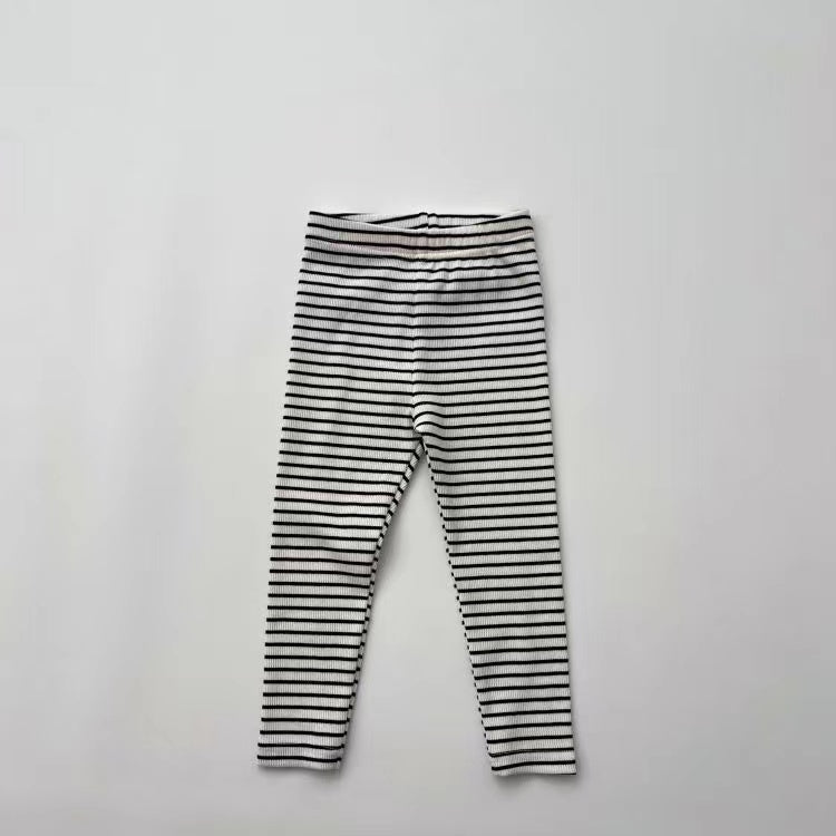 Baby Girl Striped Pattern Elastic Tight Knit Pants in white and black, featuring a soft knit fabric and elastic waistband.