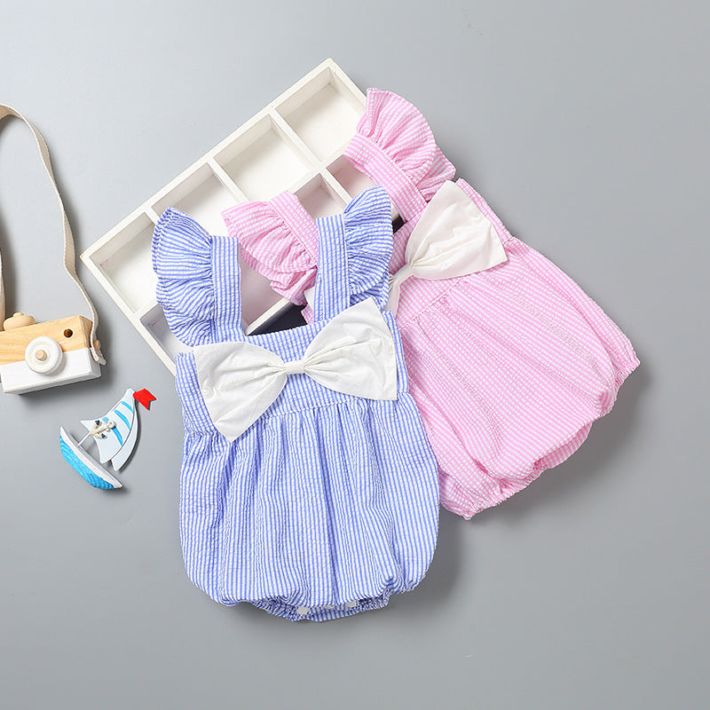 Baby girl sleeveless onesie featuring a striped pattern with ribbon patchwork and ruffle cuffs in pink and blue colors.