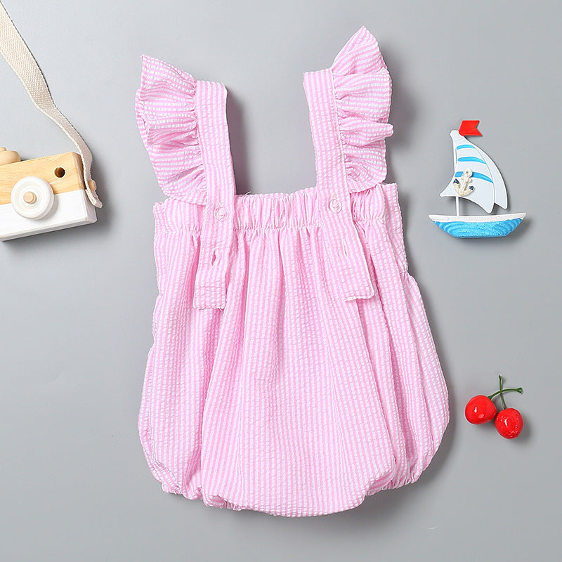 Baby girl sleeveless onesie featuring a striped pattern with ribbon patchwork and ruffle cuffs in pink and blue colors.