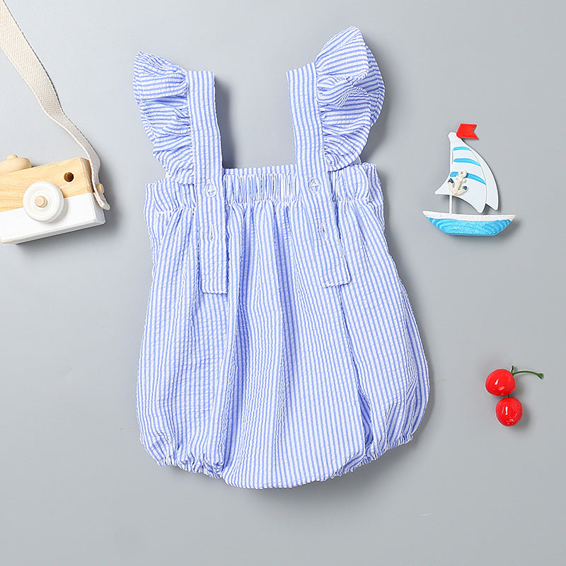 Baby girl sleeveless onesie featuring a striped pattern with ribbon patchwork and ruffle cuffs in pink and blue colors.