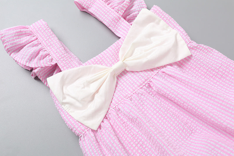 Baby girl sleeveless onesie featuring a striped pattern with ribbon patchwork and ruffle cuffs in pink and blue colors.