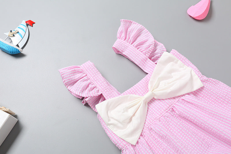 Baby girl sleeveless onesie featuring a striped pattern with ribbon patchwork and ruffle cuffs in pink and blue colors.