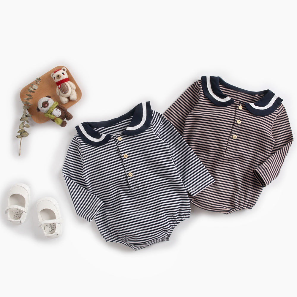 Baby girl striped pattern bodysuit with sailor collar design, featuring long sleeves in black and coffee colors.