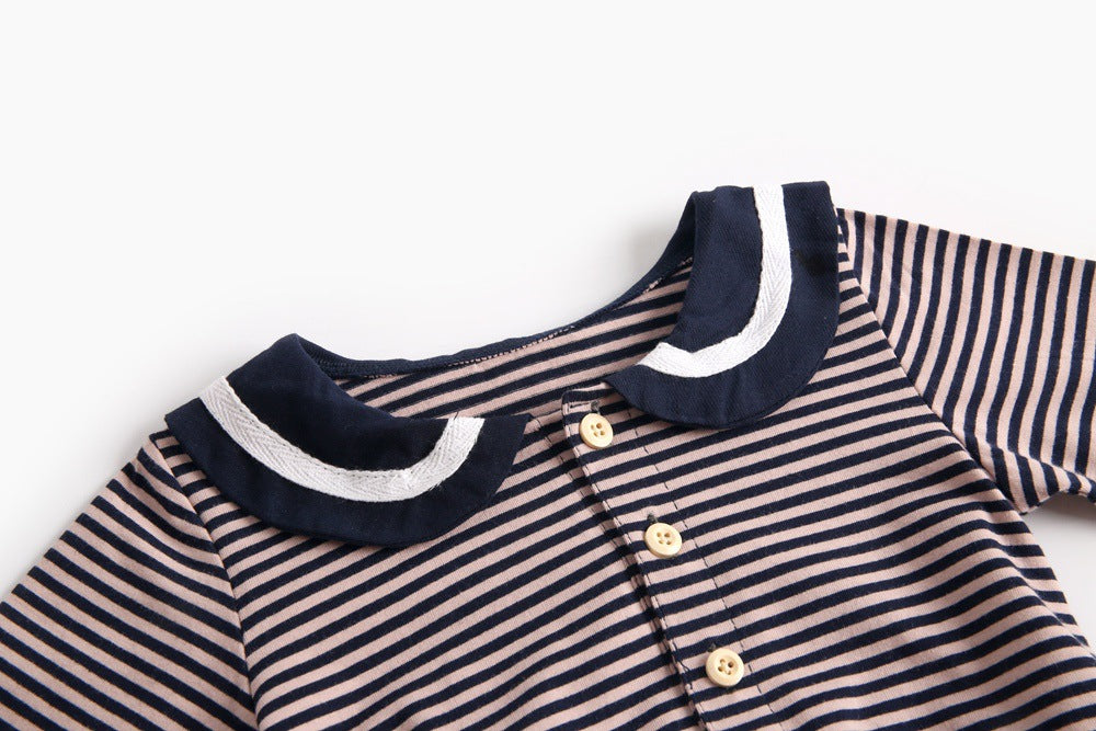 Baby girl striped pattern bodysuit with sailor collar design, featuring long sleeves in black and coffee colors.