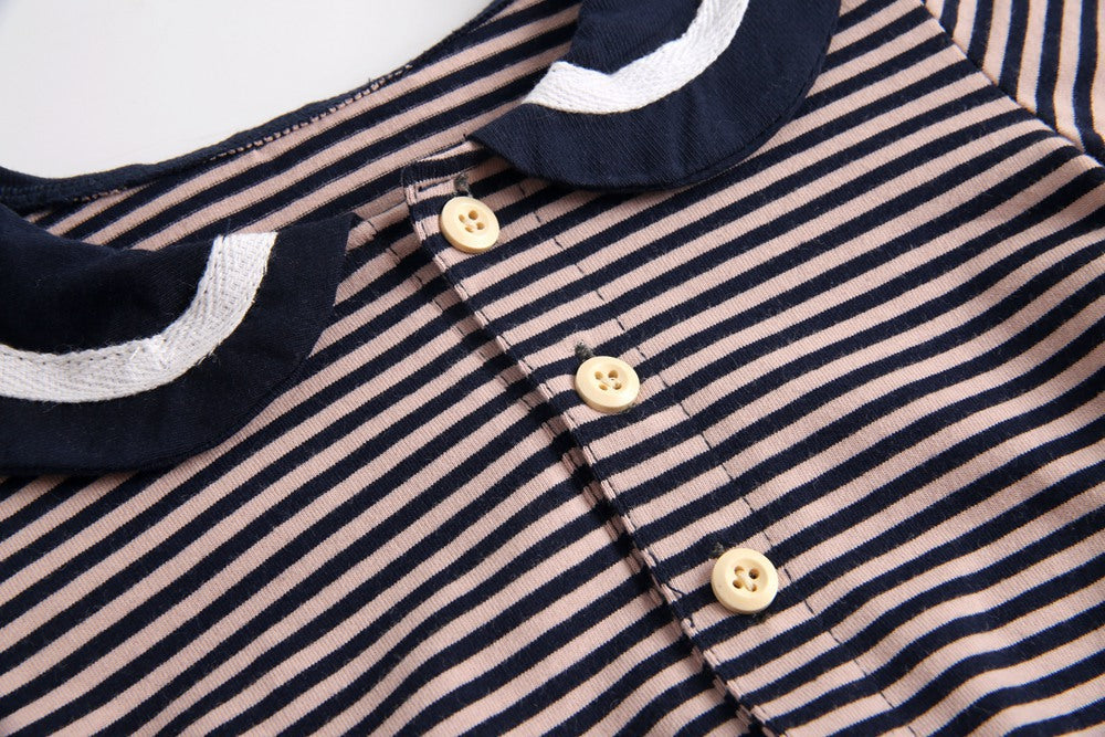 Baby girl striped pattern bodysuit with sailor collar design, featuring long sleeves in black and coffee colors.