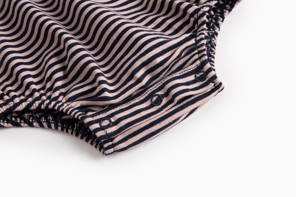 Baby girl striped pattern bodysuit with sailor collar design, featuring long sleeves in black and coffee colors.