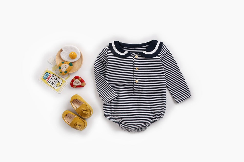 Baby girl striped pattern bodysuit with sailor collar design, featuring long sleeves in black and coffee colors.