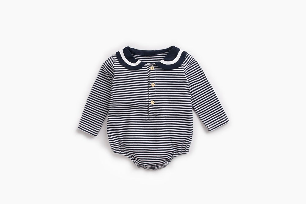 Baby girl striped pattern bodysuit with sailor collar design, featuring long sleeves in black and coffee colors.