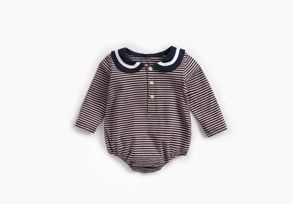 Baby girl striped pattern bodysuit with sailor collar design, featuring long sleeves in black and coffee colors.