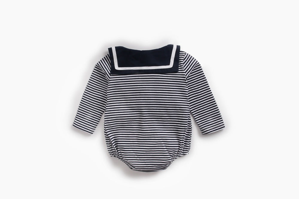 Baby girl striped pattern bodysuit with sailor collar design, featuring long sleeves in black and coffee colors.