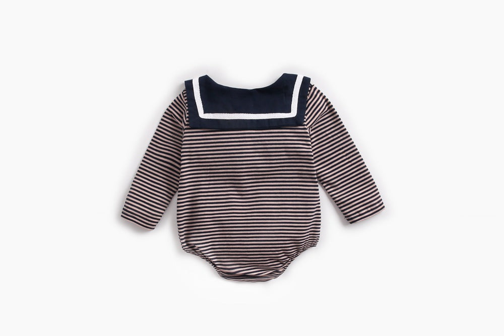 Baby girl striped pattern bodysuit with sailor collar design, featuring long sleeves in black and coffee colors.