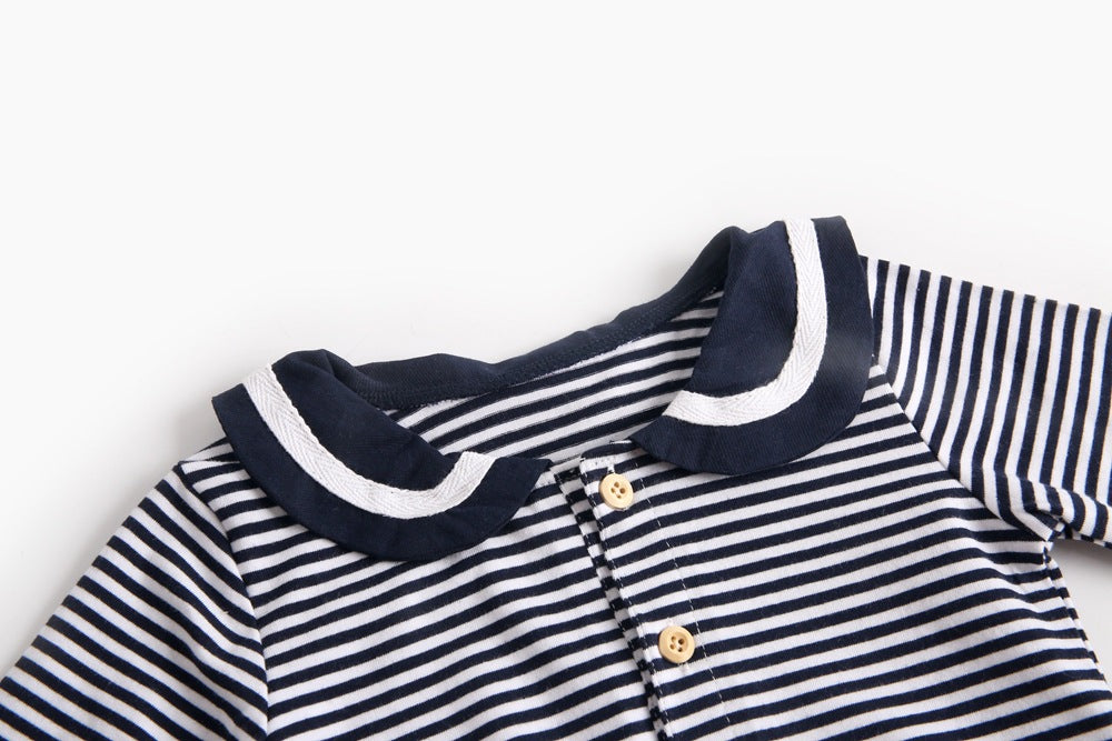 Baby girl striped pattern bodysuit with sailor collar design, featuring long sleeves in black and coffee colors.