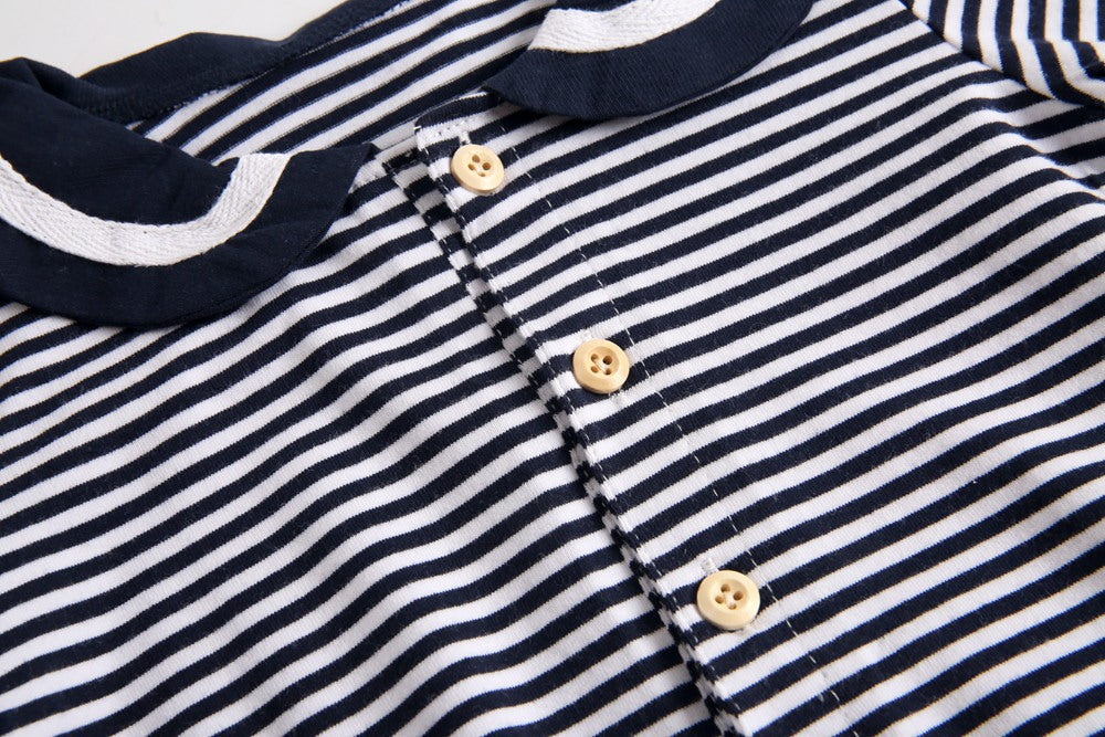 Baby girl striped pattern bodysuit with sailor collar design, featuring long sleeves in black and coffee colors.