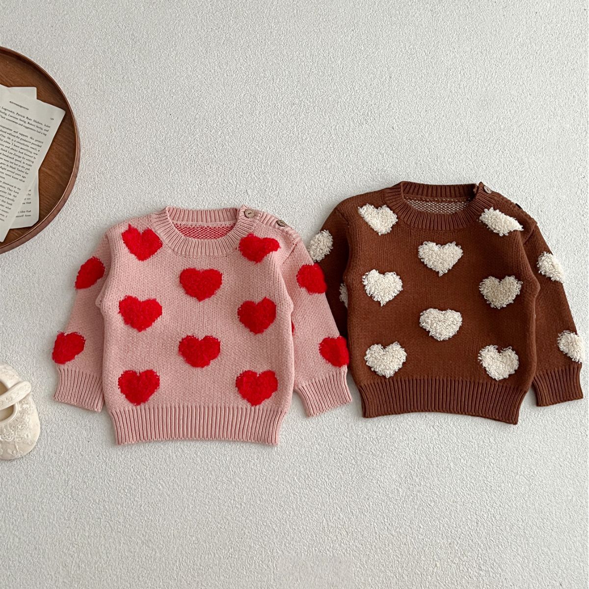 Baby girl long sleeve pullover sweater in pink and coffee with heart pattern, perfect for spring, autumn, and winter.