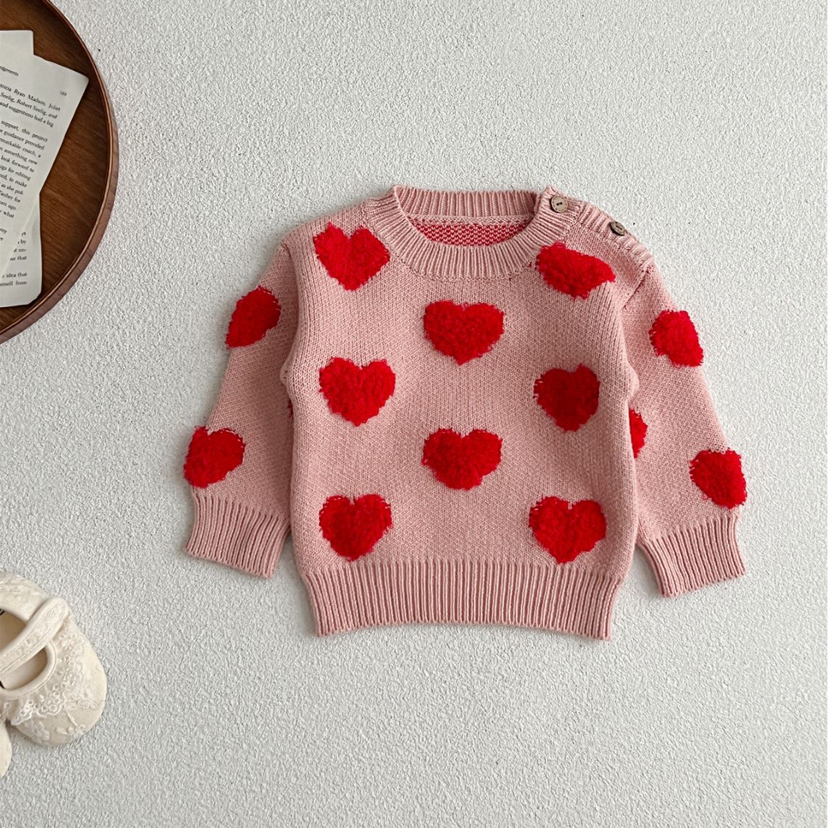 Baby girl long sleeve pullover sweater in pink and coffee with heart pattern, perfect for spring, autumn, and winter.