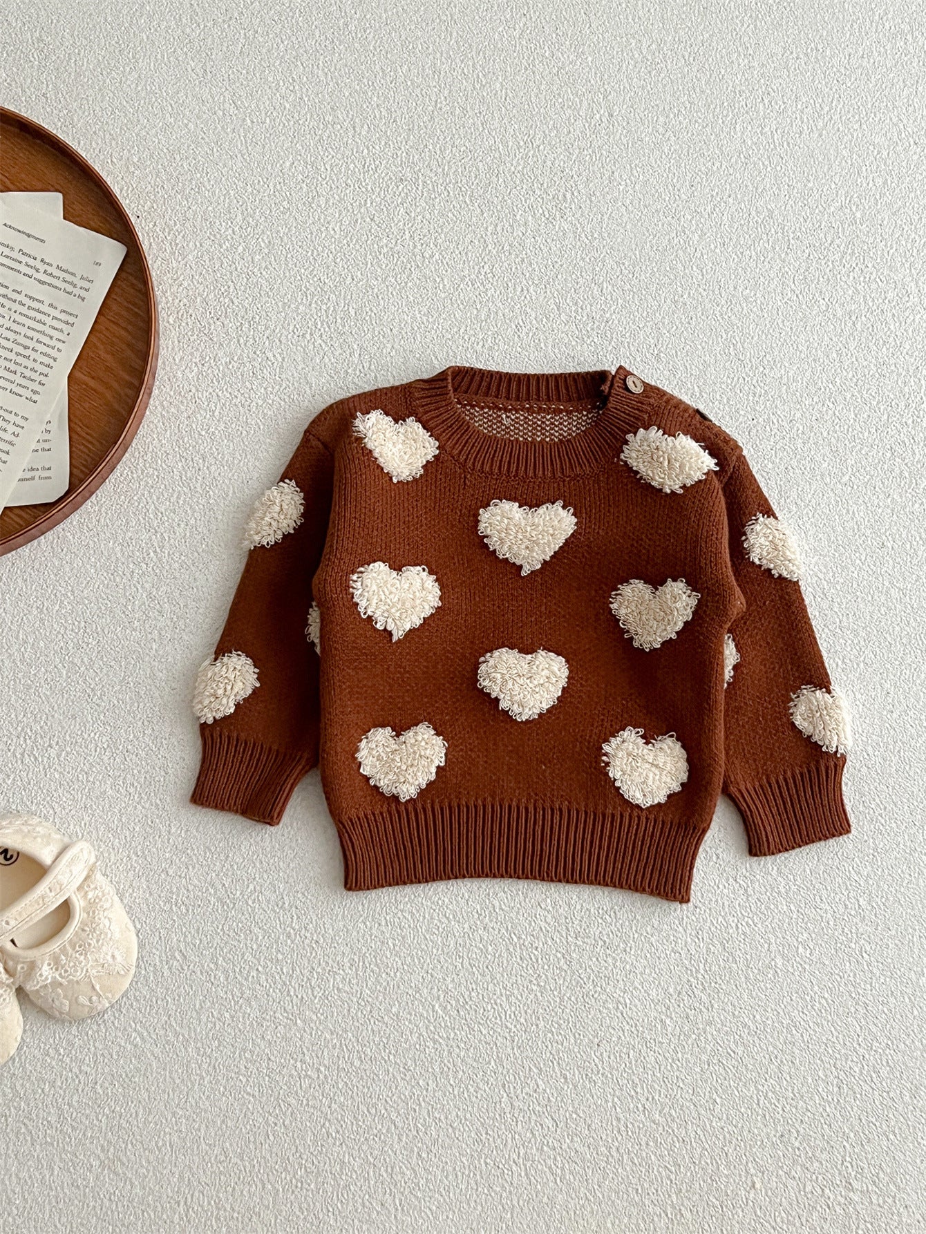 Baby girl long sleeve pullover sweater in pink and coffee with heart pattern, perfect for spring, autumn, and winter.