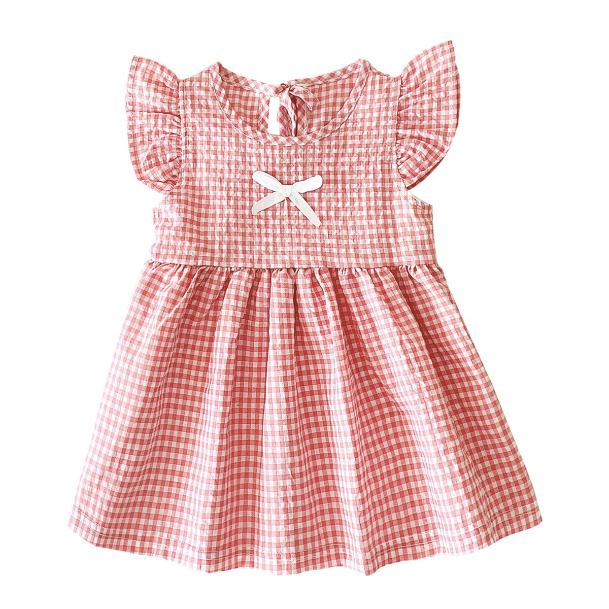 A variety of baby girl summer dresses in floral and plaid patterns, showcasing vibrant colors like pink, blue, and yellow.