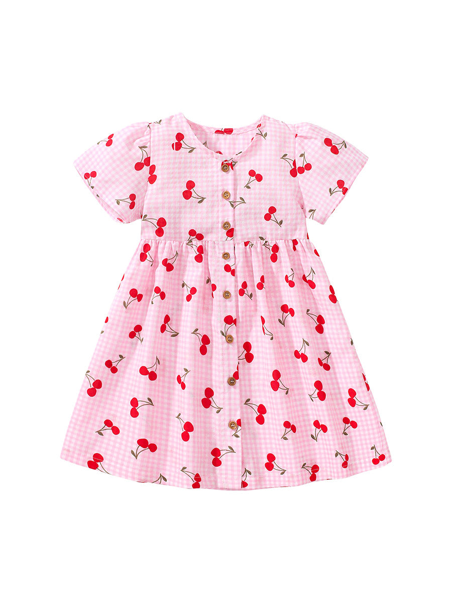 Baby Girls Crew Neck Plaid Cherry Print Short Sleeves Dress in pink with plaid and cherry patterns, perfect for summer wear.