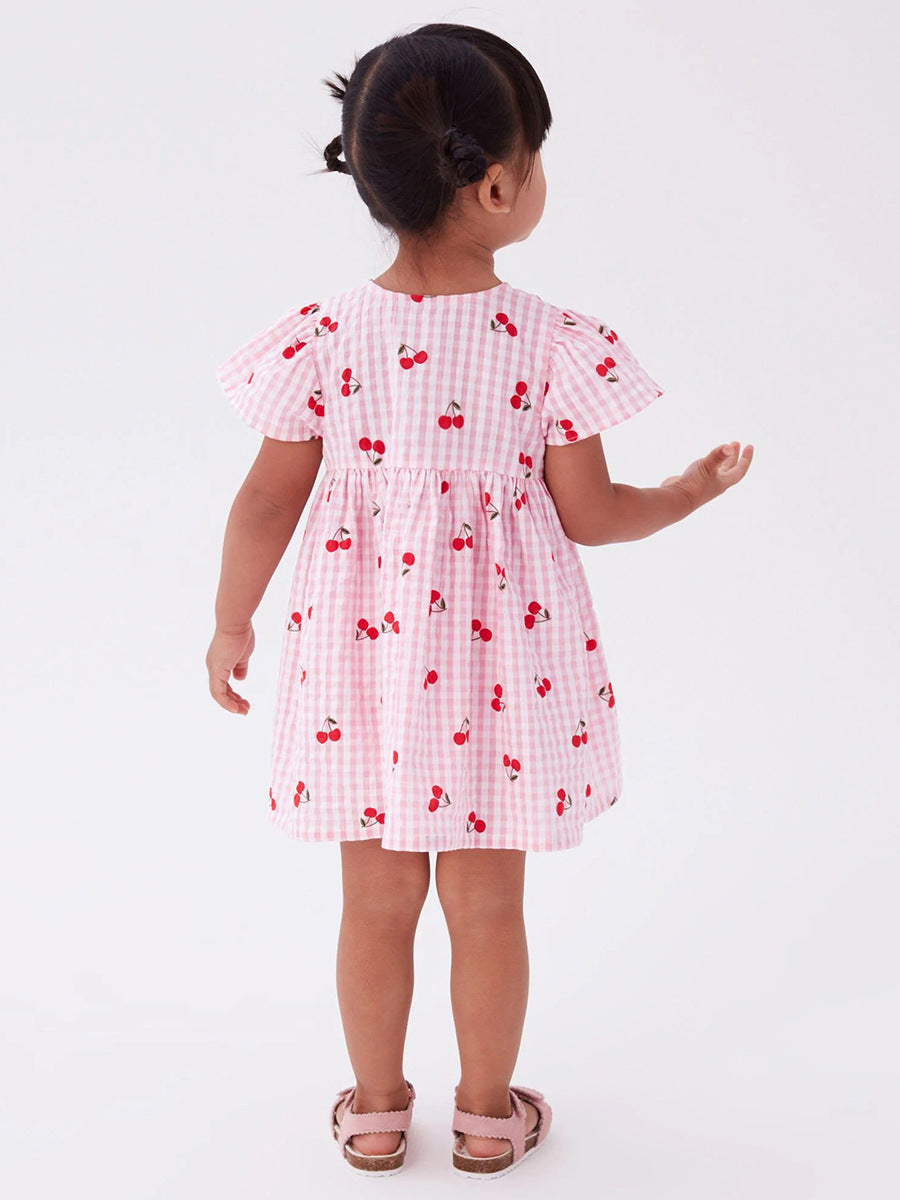 Baby Girls Crew Neck Plaid Cherry Print Short Sleeves Dress in pink with plaid and cherry patterns, perfect for summer wear.