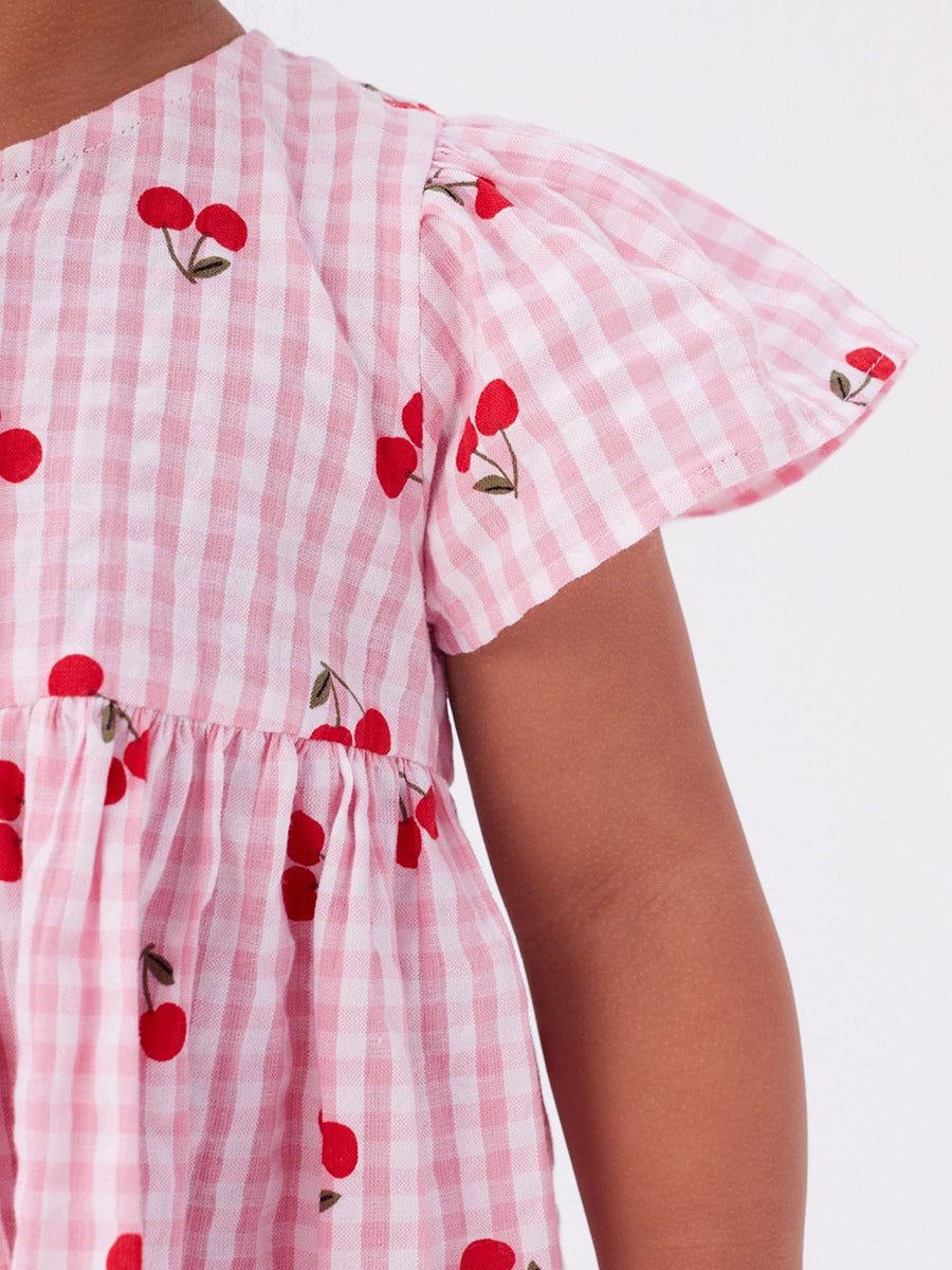 Baby Girls Crew Neck Plaid Cherry Print Short Sleeves Dress in pink with plaid and cherry patterns, perfect for summer wear.