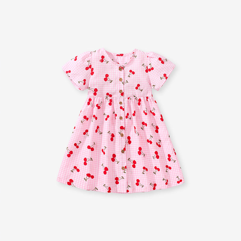 Baby Girls Crew Neck Plaid Cherry Print Short Sleeves Dress in pink with plaid and cherry patterns, perfect for summer wear.