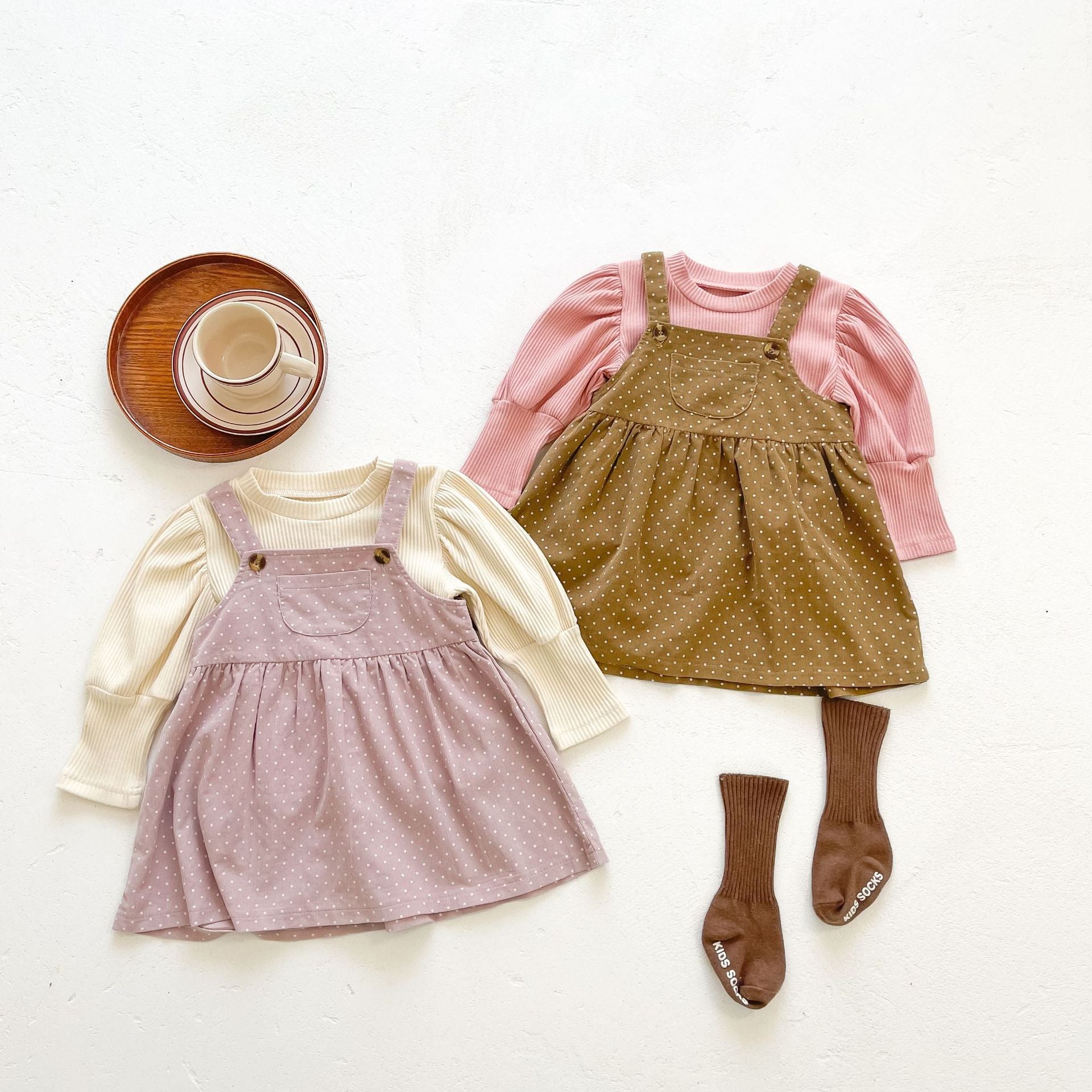 Baby girls' dot print dress combo featuring a solid top in pink and beige, made from soft cotton fabric.