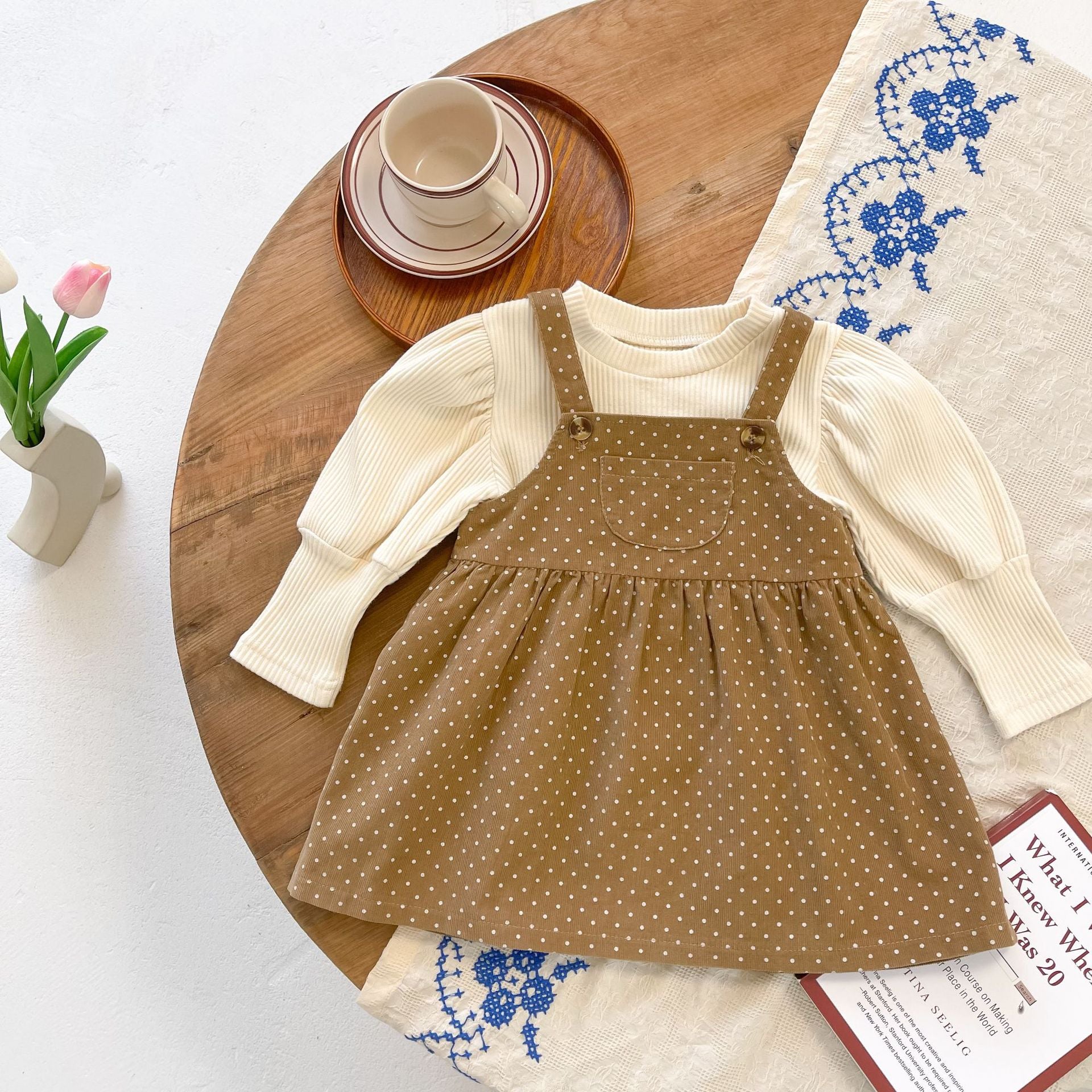 Baby girls' dot print dress combo featuring a solid top in pink and beige, made from soft cotton fabric.