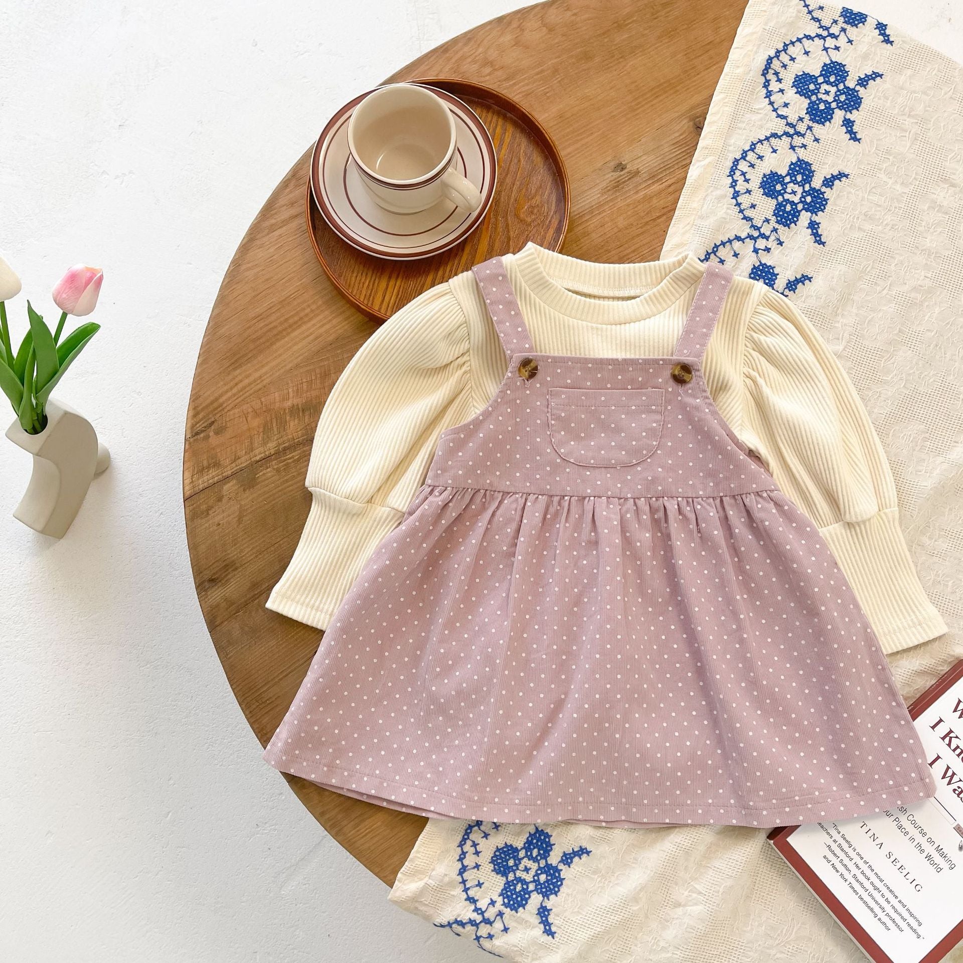 Baby girls' dot print dress combo featuring a solid top in pink and beige, made from soft cotton fabric.