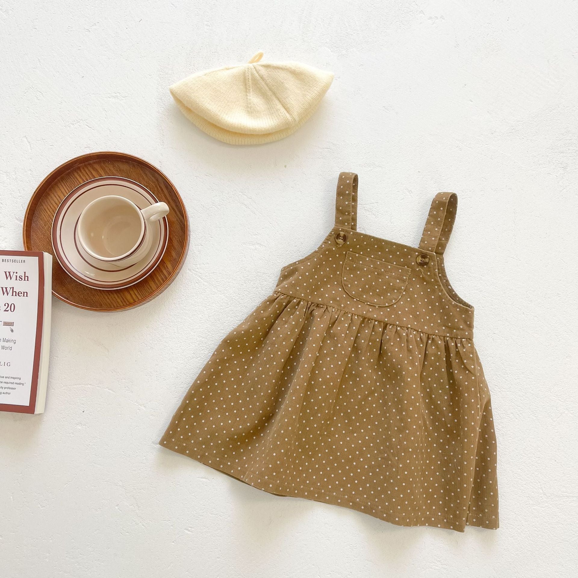 Baby girls' dot print dress combo featuring a solid top in pink and beige, made from soft cotton fabric.