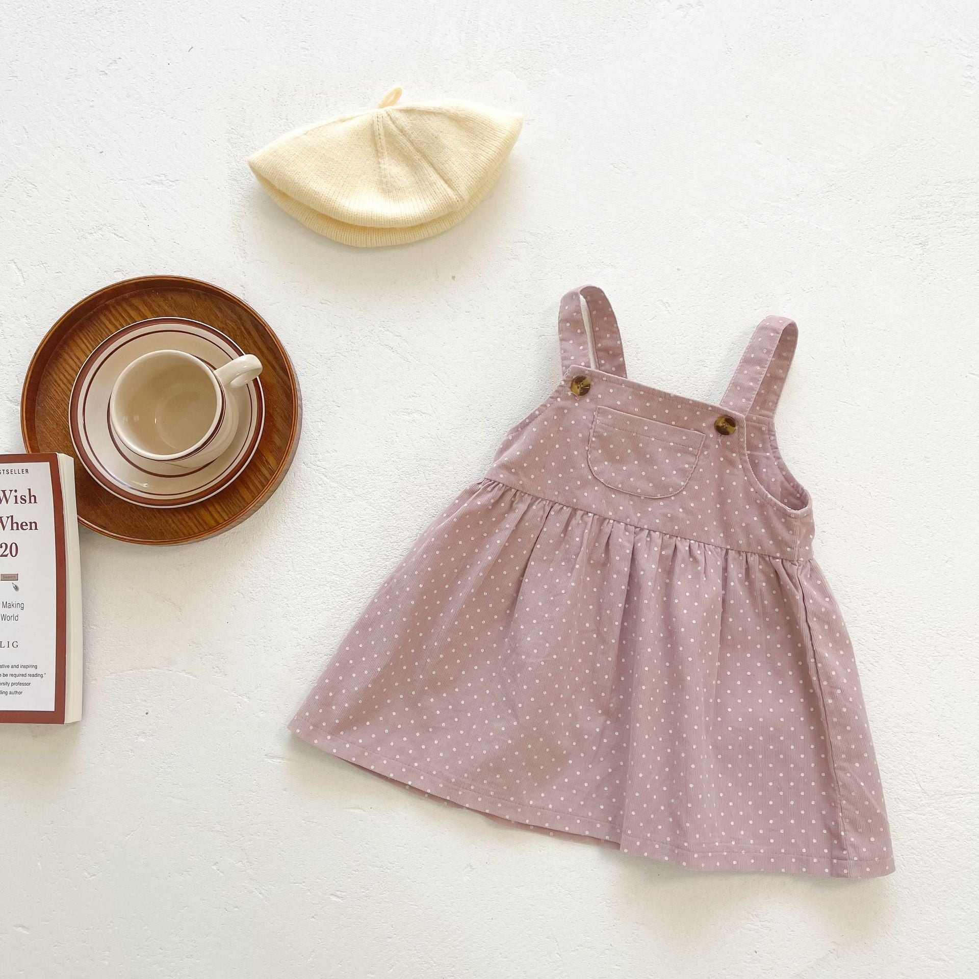 Baby girls' dot print dress combo featuring a solid top in pink and beige, made from soft cotton fabric.