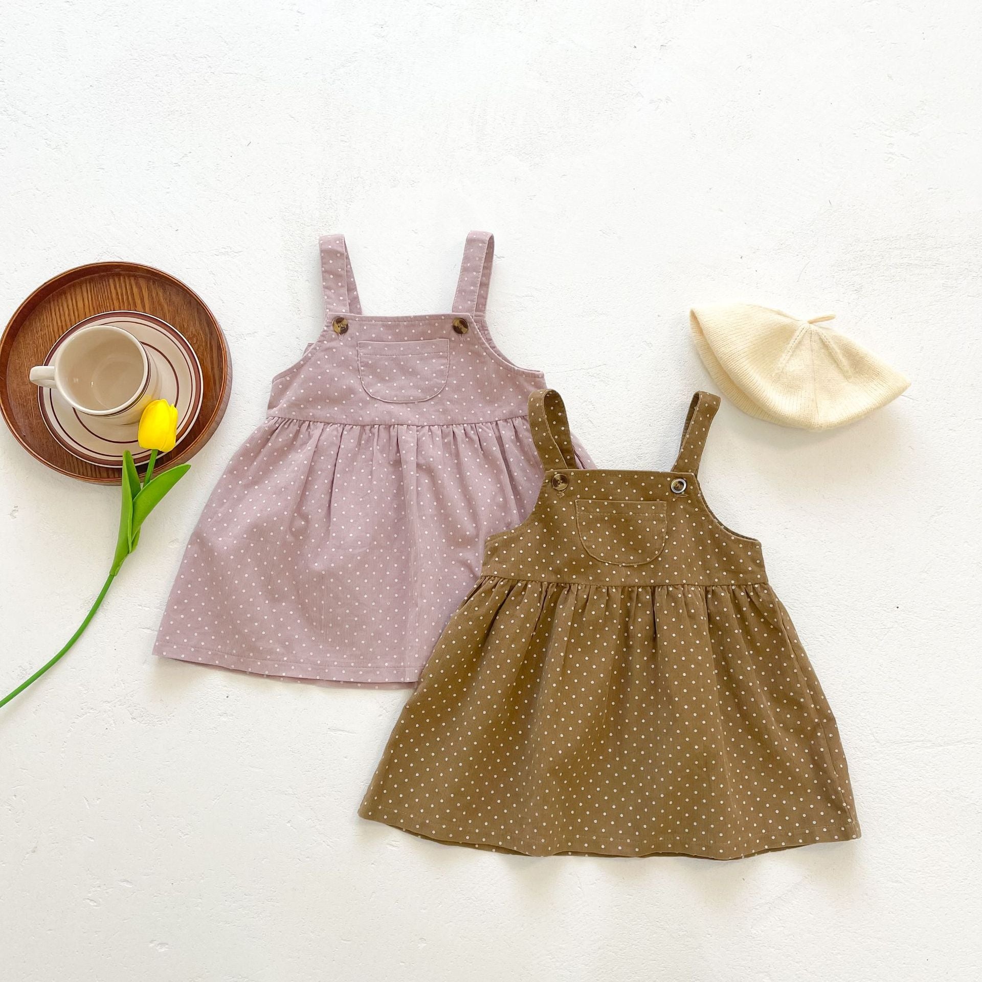 Baby girls' dot print dress combo featuring a solid top in pink and beige, made from soft cotton fabric.