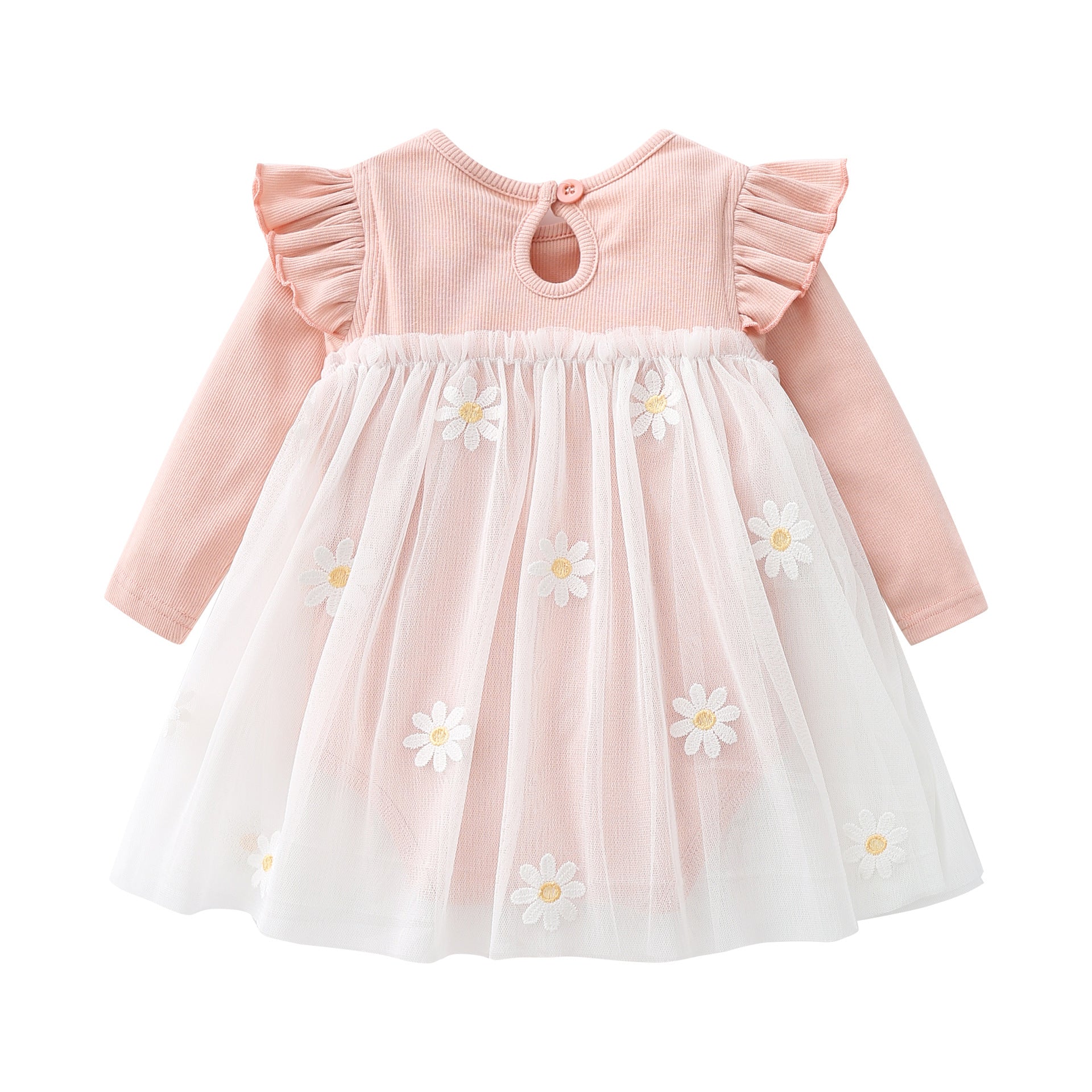 Baby girls' floral lace patchwork dress with ruffle sleeves in white and pink, perfect for spring and autumn.